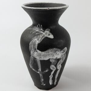 Brown Black Hand Painted Italian Vase White Deer Froth Glazed Studio Art Pottery